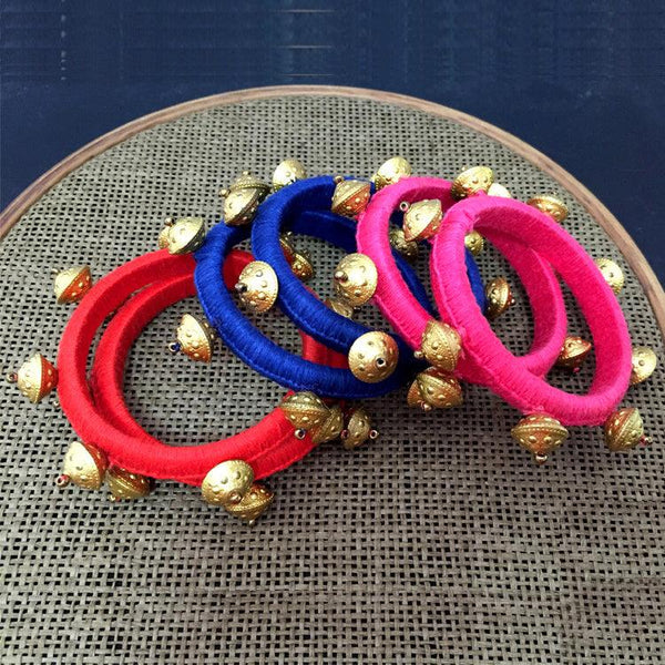 pink blue red thread work bangles combo