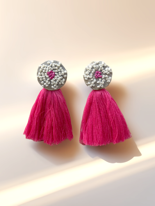 Elegant Design Long Pink Colour Thread Earrings