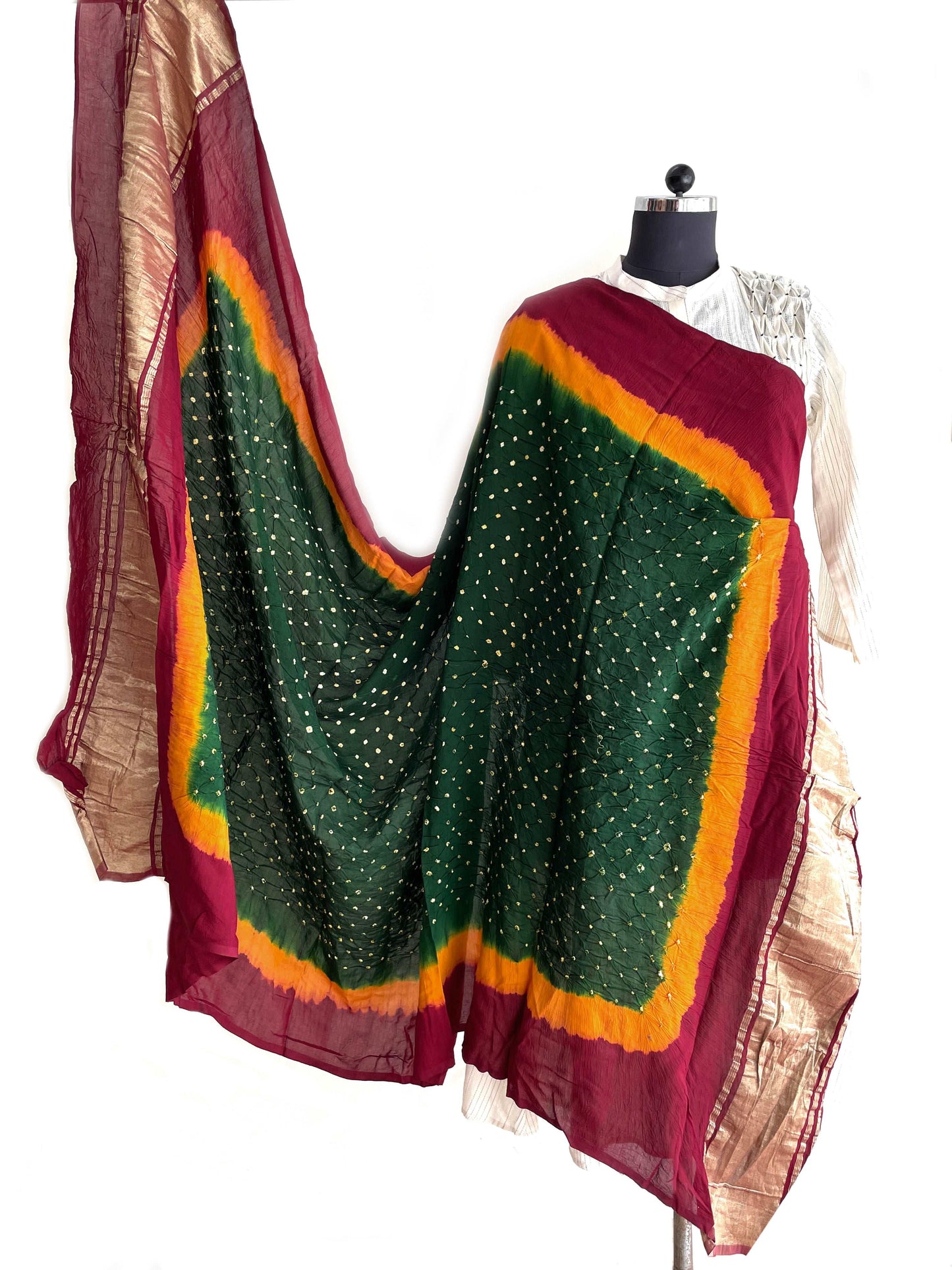 Modal Silk green traditional bandhani dupatta with lagdi patta border