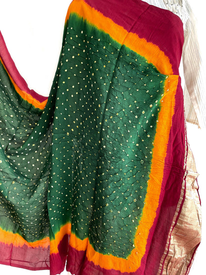 Modal Silk green bandhani dupatta with lagdi patta border - Aesthetics Designer Label