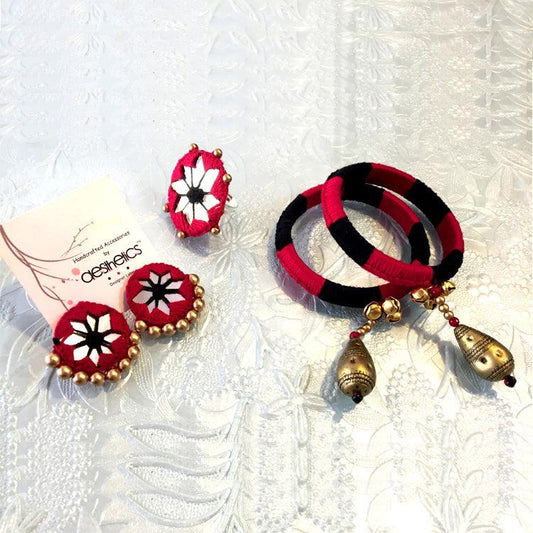 red black combination thread work jewellery set, finger rings, earrings, bangles