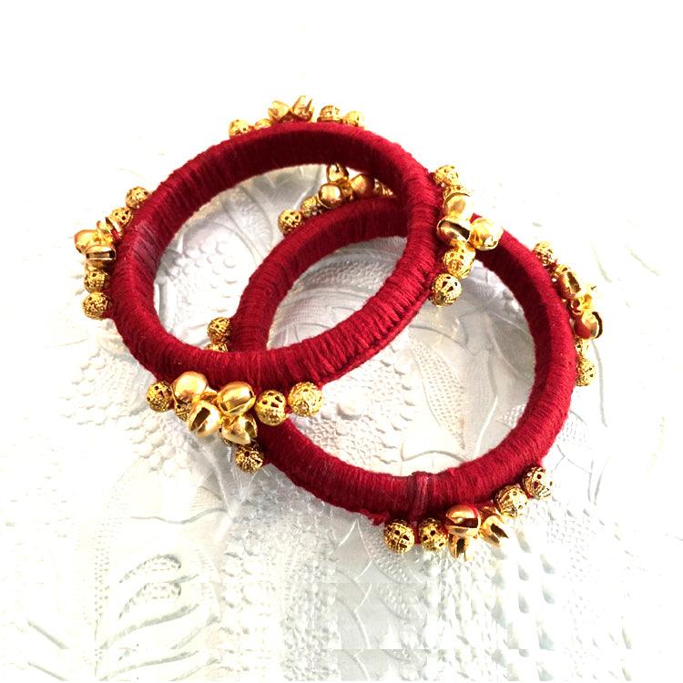 red threadwork ghunghroo bangles 