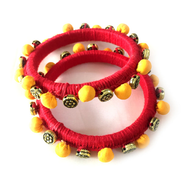 Red thread work fabric potli bangles - Aesthetics Designer Label