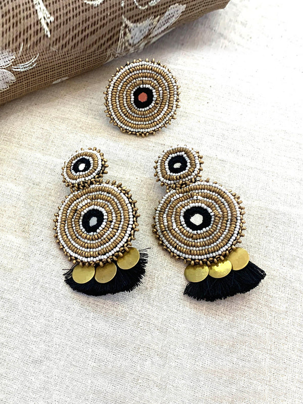 Black Tassel Bead Work Earrings with Finger Rings - Aesthetics Designer Label