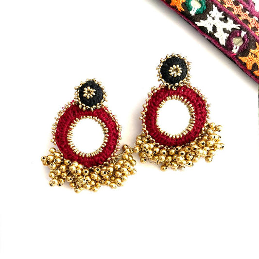 maroon bead work dangle earrings