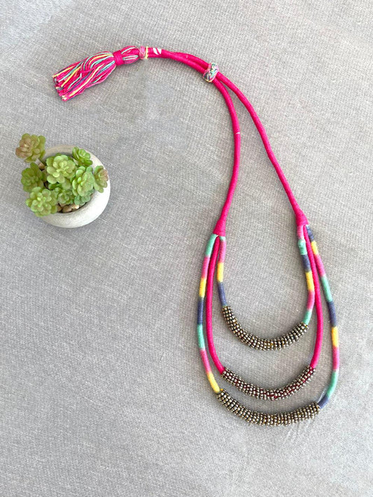 multi layer pink thread work necklace 