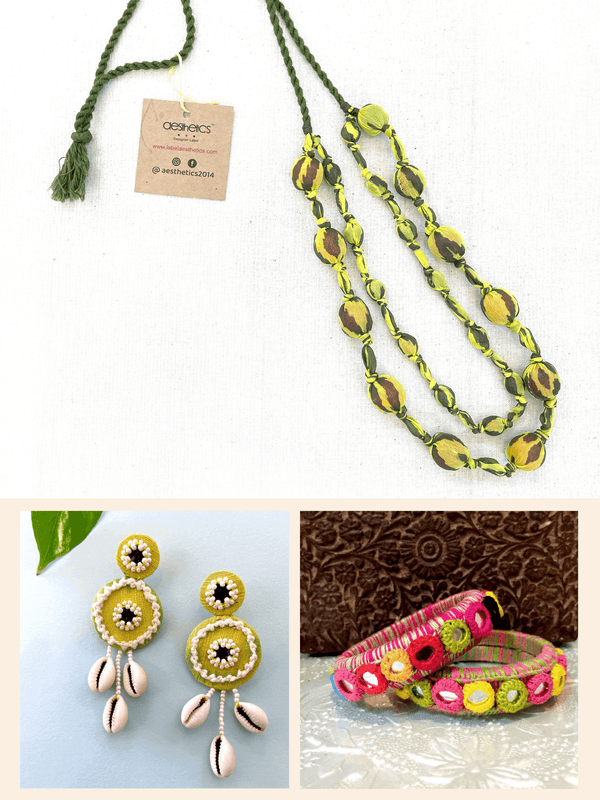 Handcrafted Lime Yellow Fabric Necklace with Quirky Kaudi Earrings and Mirror Work Bangles Set - Aesthetics Designer Label