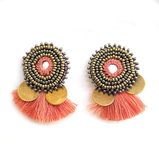Handcrafted earrings in combination with mirror work, multi color bead work and tassels for girls and women - Aesthetics Designer Label