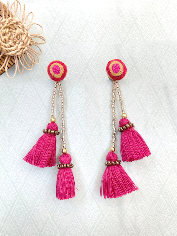 Handmade Pink Thread Tassel Dangle Earrings