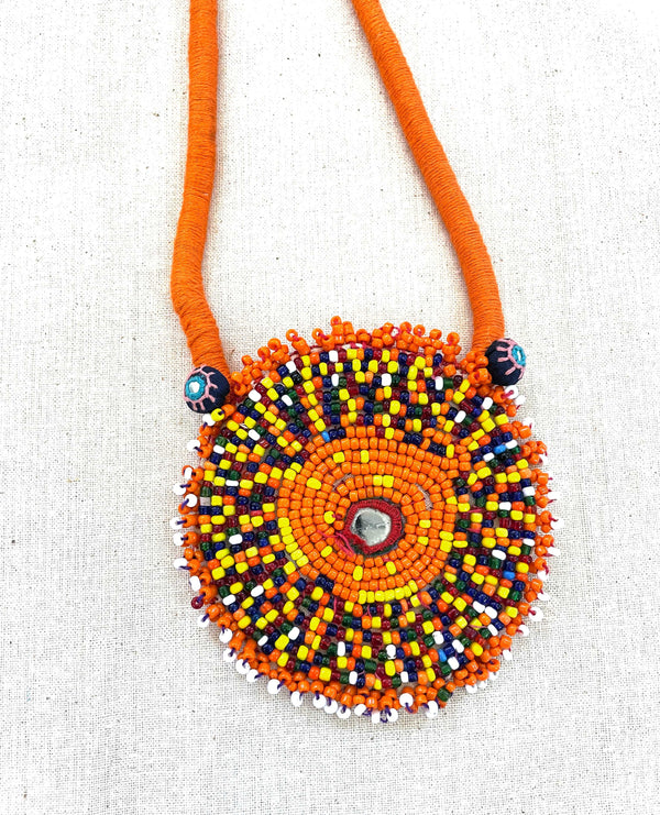 Orange Kutchi work beaded necklace - Aesthetics Designer Label