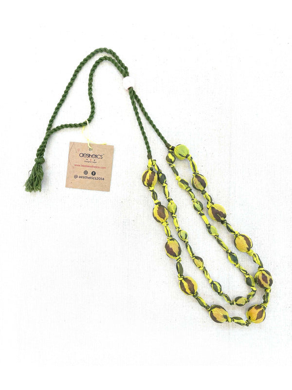 Handcrafted Lime Yellow Fabric Necklace with Quirky Kaudi Earrings and Mirror Work Bangles Set - Aesthetics Designer Label